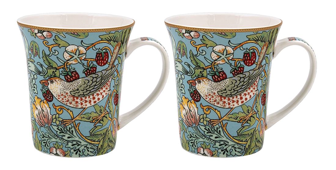 William Morris Teal Strawberry Thief - 2-pack muggar i presentkartong