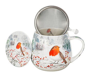 Robin in Snow - Mugg Barrel med tesil (The Art Gallery)