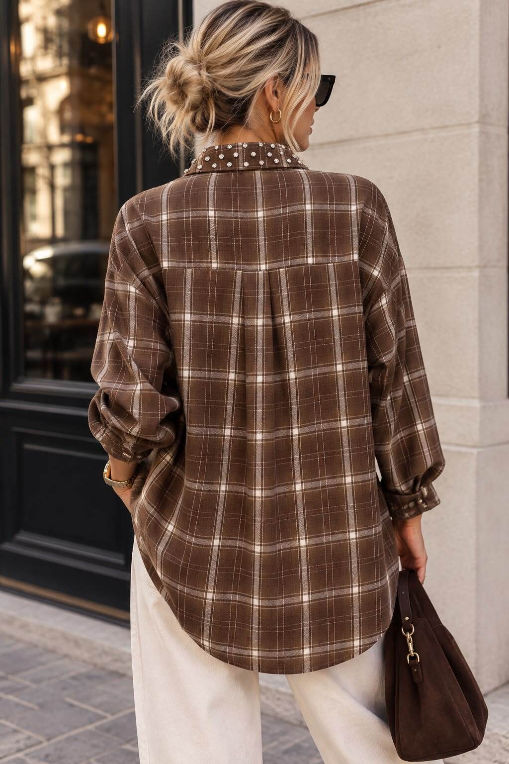 Shirt check rhinestones brown - 2
