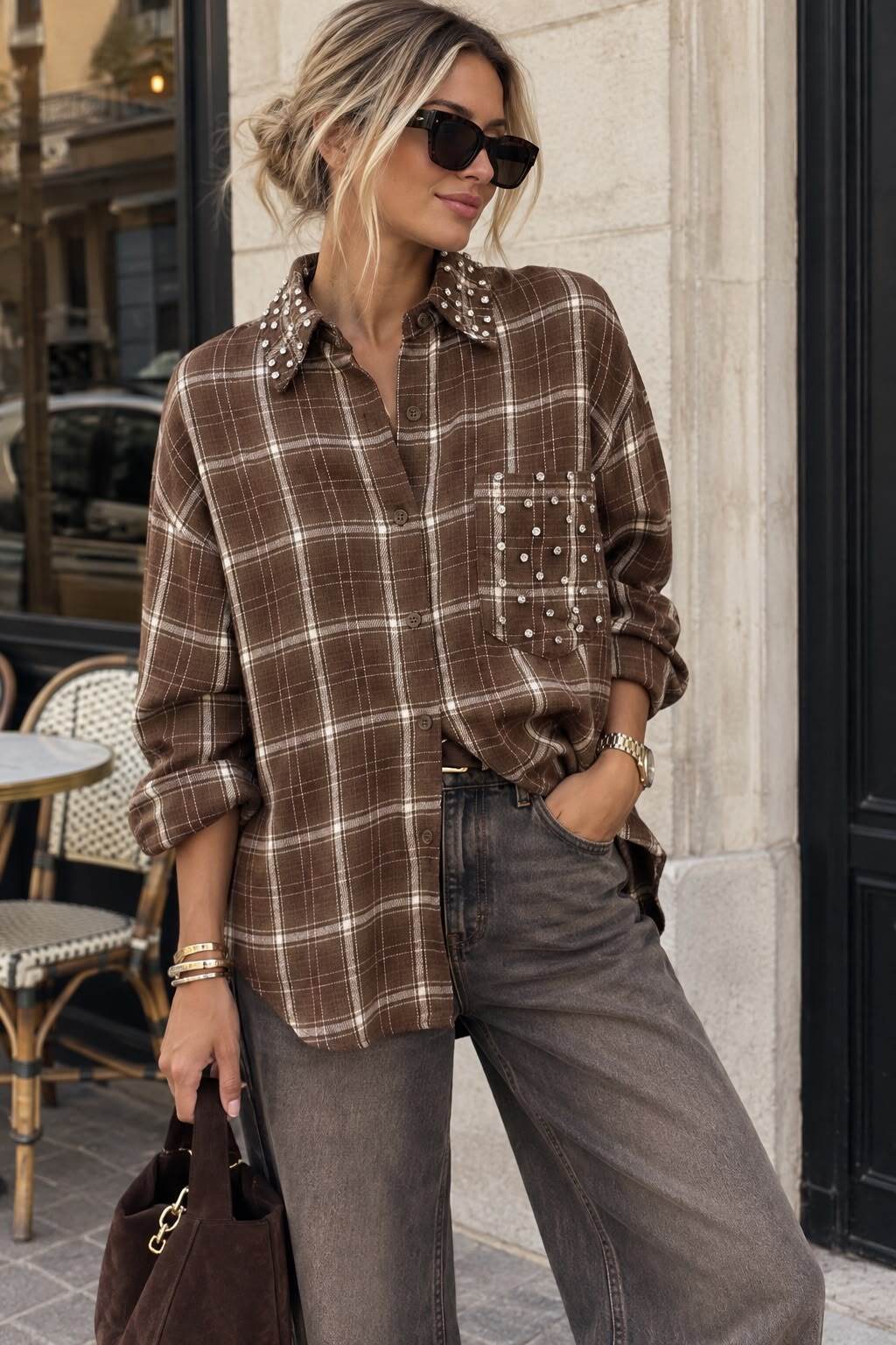 Shirt check rhinestones brown