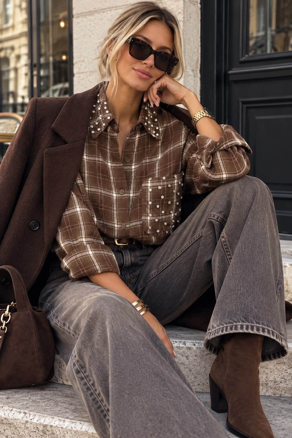 Shirt check rhinestones brown - 4