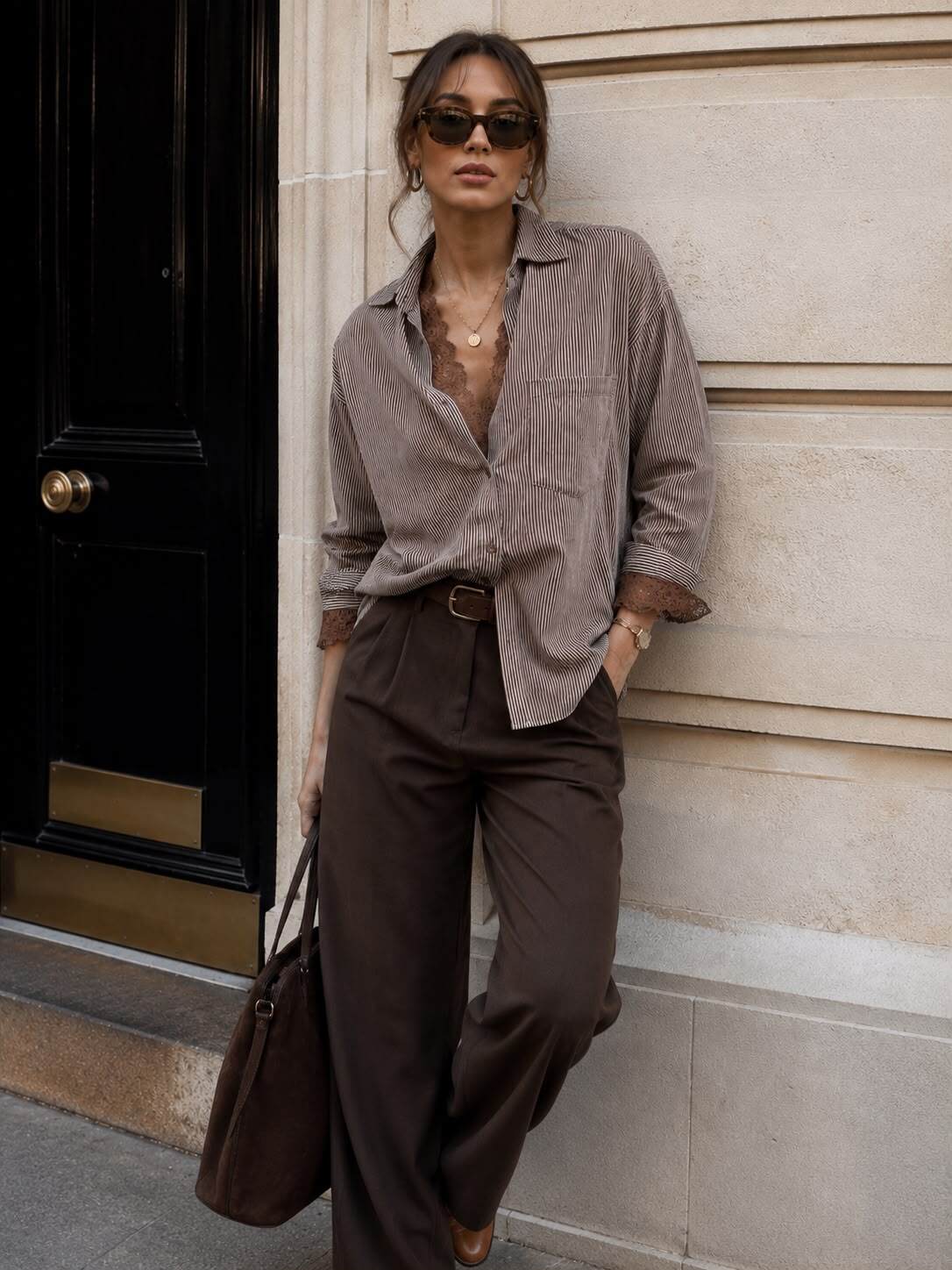 Shirt lace details brown - 2