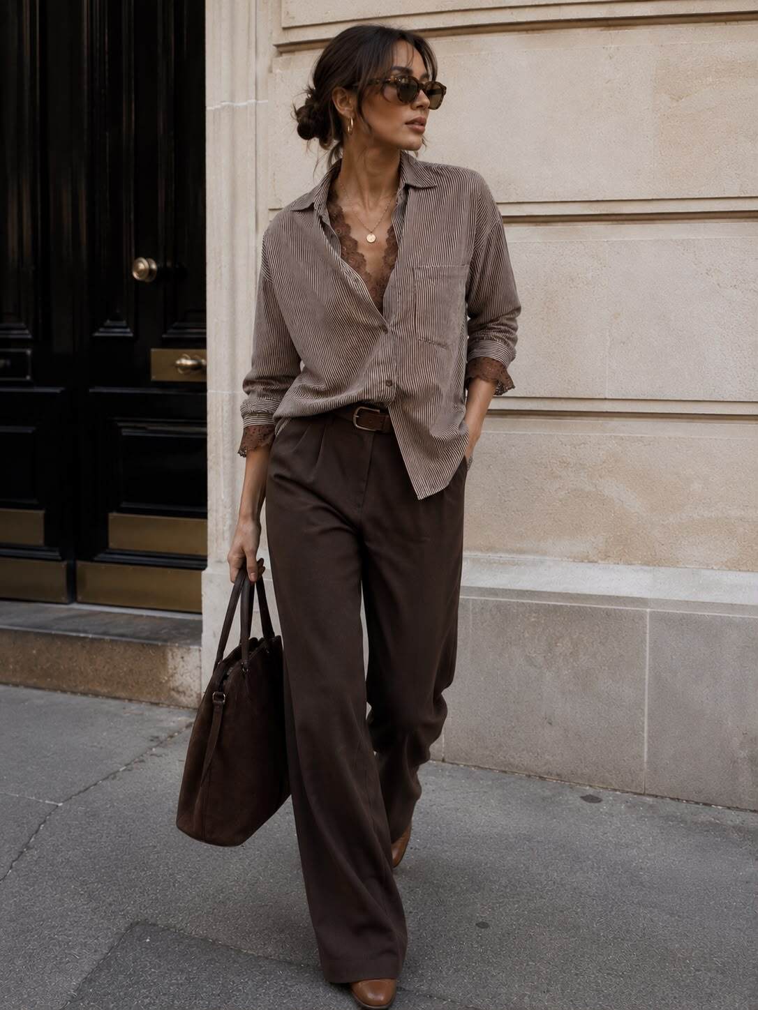 Shirt lace details brown - 3