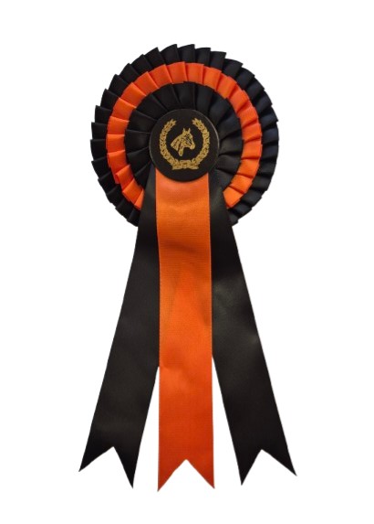 Hästrosett 3 kok, 3 bredare band - SVART/ORANGE, 31 cm