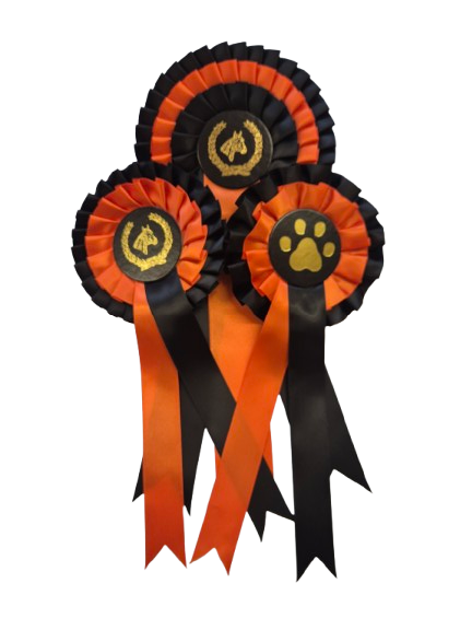 Hästrosett 3 kok, 3 bredare band - SVART/ORANGE, 31 cm - 2