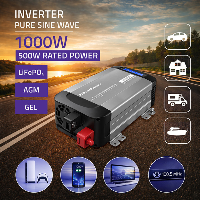 Omformare/Inverter 12V till 230V 500/1000W - Ren sinus - QOLTEC - 3