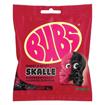 BUBS Raspberry Salty Licorice Skalle 155 g – Swedish Candy