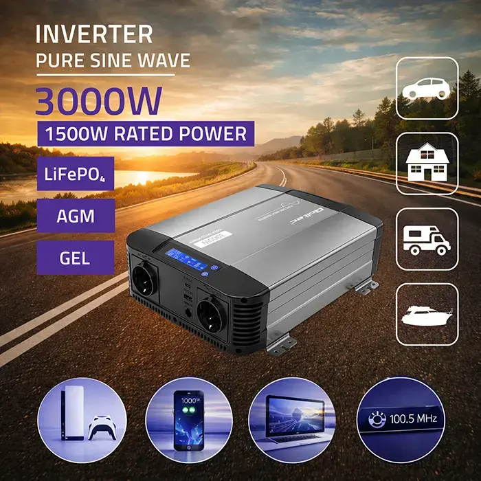 Omformare/Inverter 12V till 230V  - 1500/3000W - Ren sinus - QOLTEC - 3