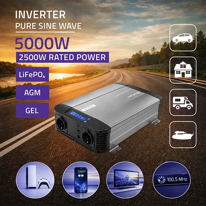 Omformare /Inverter12V till 230V - 2500/5000W - Ren sinus - QOLTEC - 3