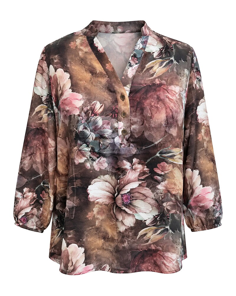 Blus Janna sidenblandning blommig rosa/grå/brun
