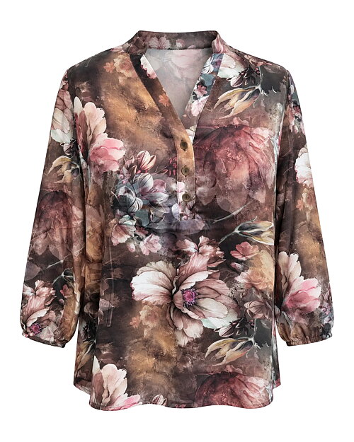 Blus Janna sidenblandning blommig rosa/grå/brun - 2