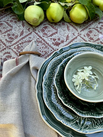 Round Linen Tablecloth with Jaipur print in Old Rose- 220cm