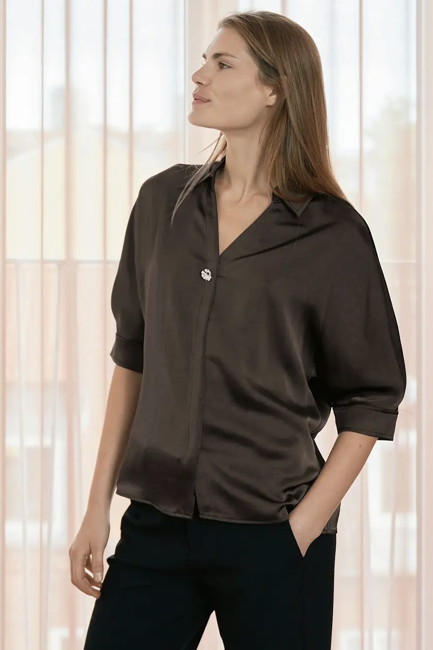 Neo Noir &nbsp;- Carm  Heavy Satin Shirt Dark Brown - 8