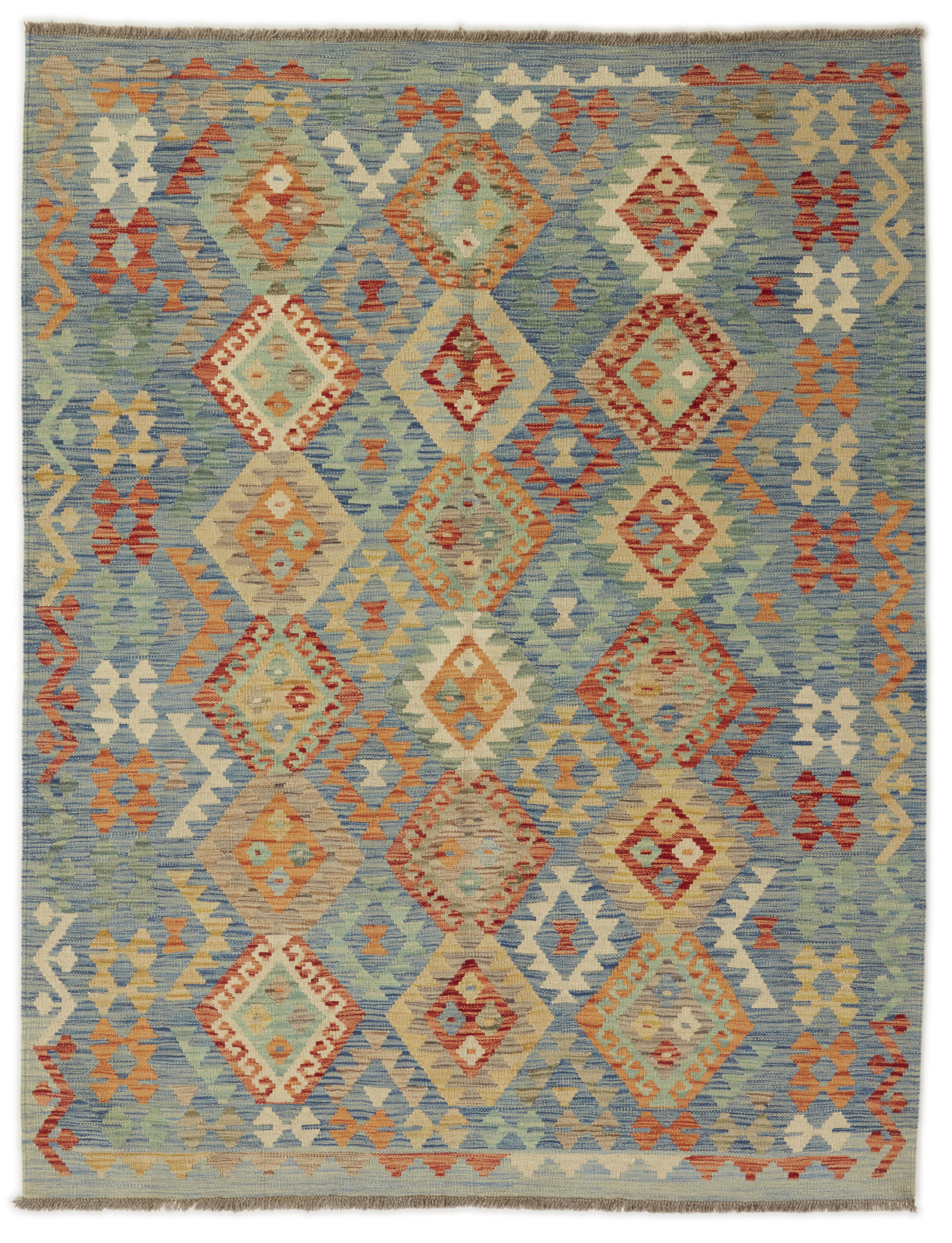 Helbild av Kelim 153x199 cm, handvävd afghansk ullmatta med blågrön botten och geometriska romber i orange, beige och turkos.
