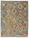 Helbild av Kelim 153x199 cm, handvävd afghansk ullmatta med blågrön botten och geometriska romber i orange, beige och turkos.