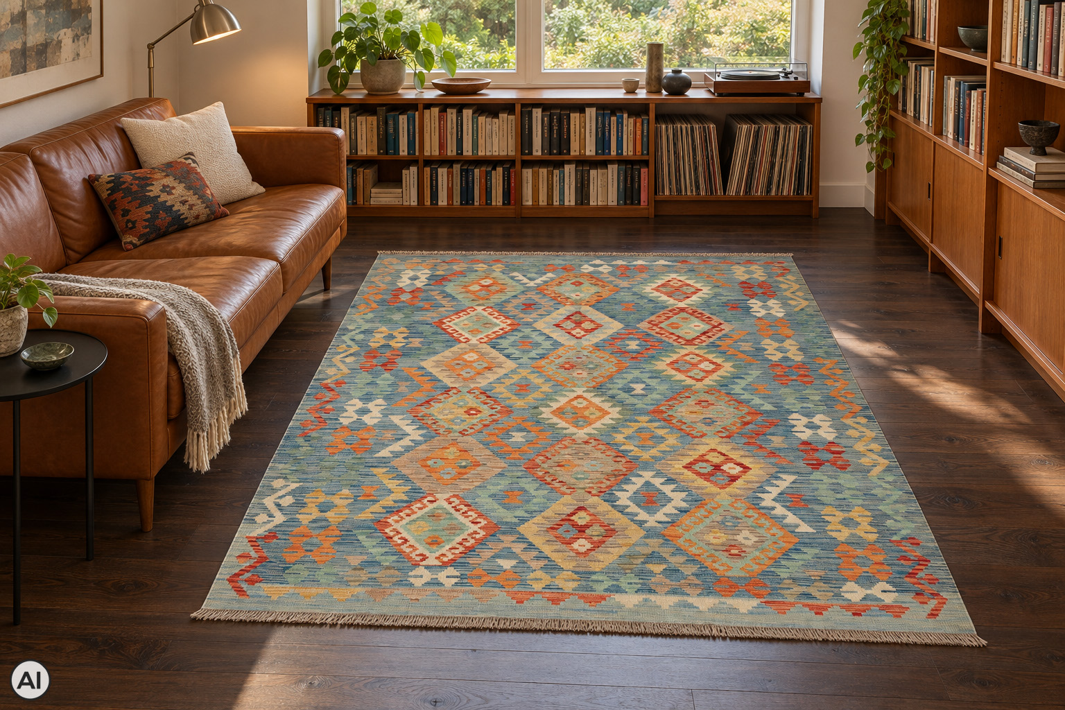 Kelim 153x199 cm, handvävd afghansk ullmatta med blågrön botten och färgstarka rombmönster i ett bibliotek med brun skinnsoffa och mörkt trägolv.