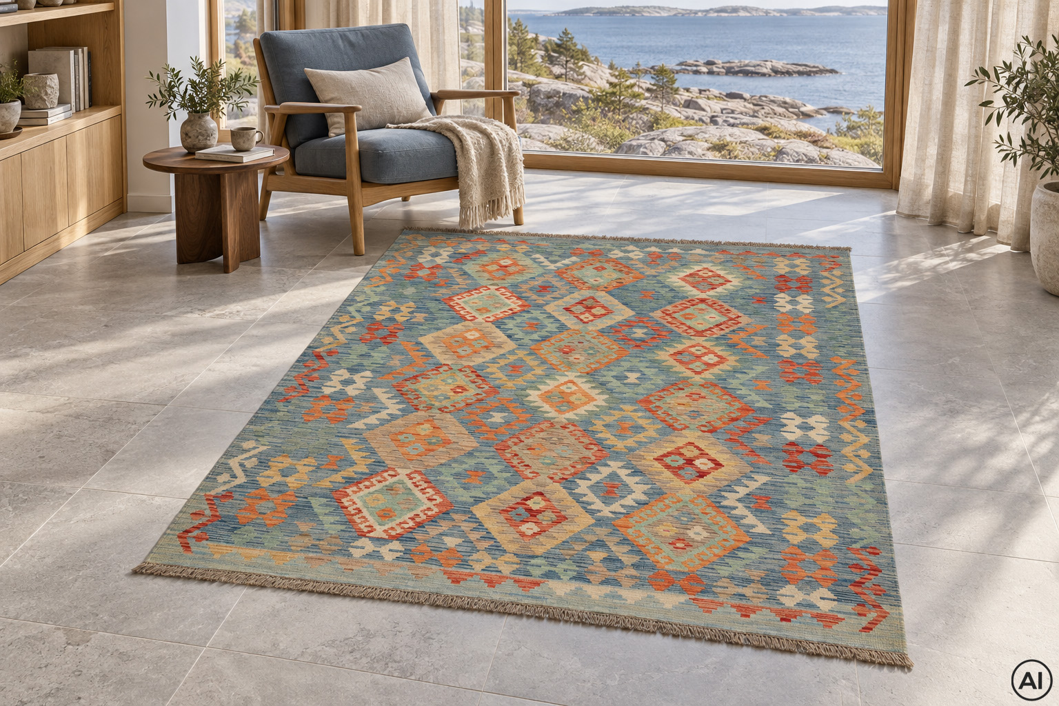 Kelim 153x199 cm, handvävd afghansk ullmatta med blågrön botten och geometriska mönster i terrakotta och beige, vid en blå fåtölj i modern kustvilla med havsutsikt.
