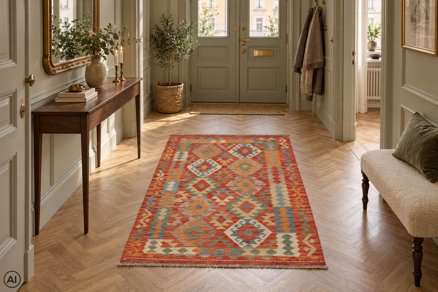 Handvävd Kelim 124x176 cm med tegelröd botten och geometriskt afghanskt mönster i en elegant hall med sekelskifts stil och  fiskbensparkett.