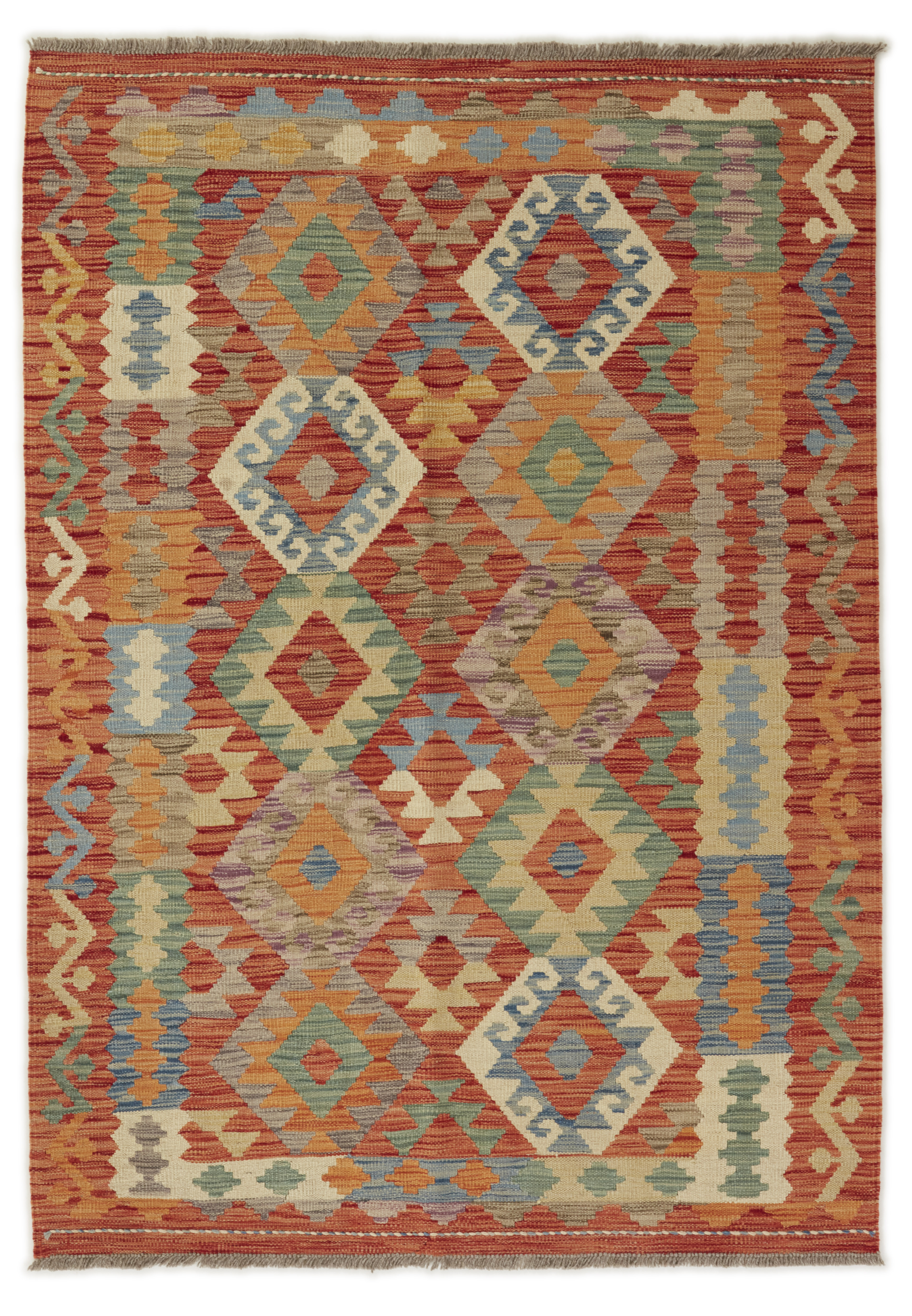 Helbild av Kelim 124x176 cm, handvävd afghansk ullmatta med tegelröd botten och geometriska romber i blått, grönt, beige och orange.
