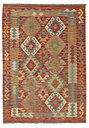 Helbild av Kelim 124x176 cm, handvävd afghansk ullmatta med tegelröd botten och geometriska romber i blått, grönt, beige och orange.