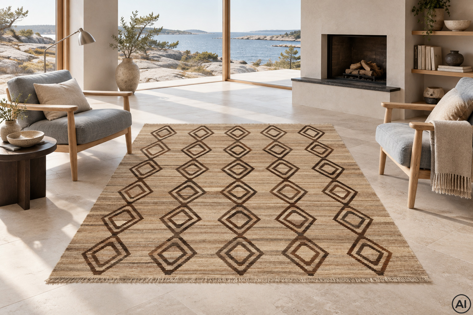 Kelim 180x240 cm, handvävd ullmatta med beige botten och brunt rombmönster i en exklusiv, modern kustvilla med stora panoramafönster, havsutsikt och skandinaviska designfåtöljer.
