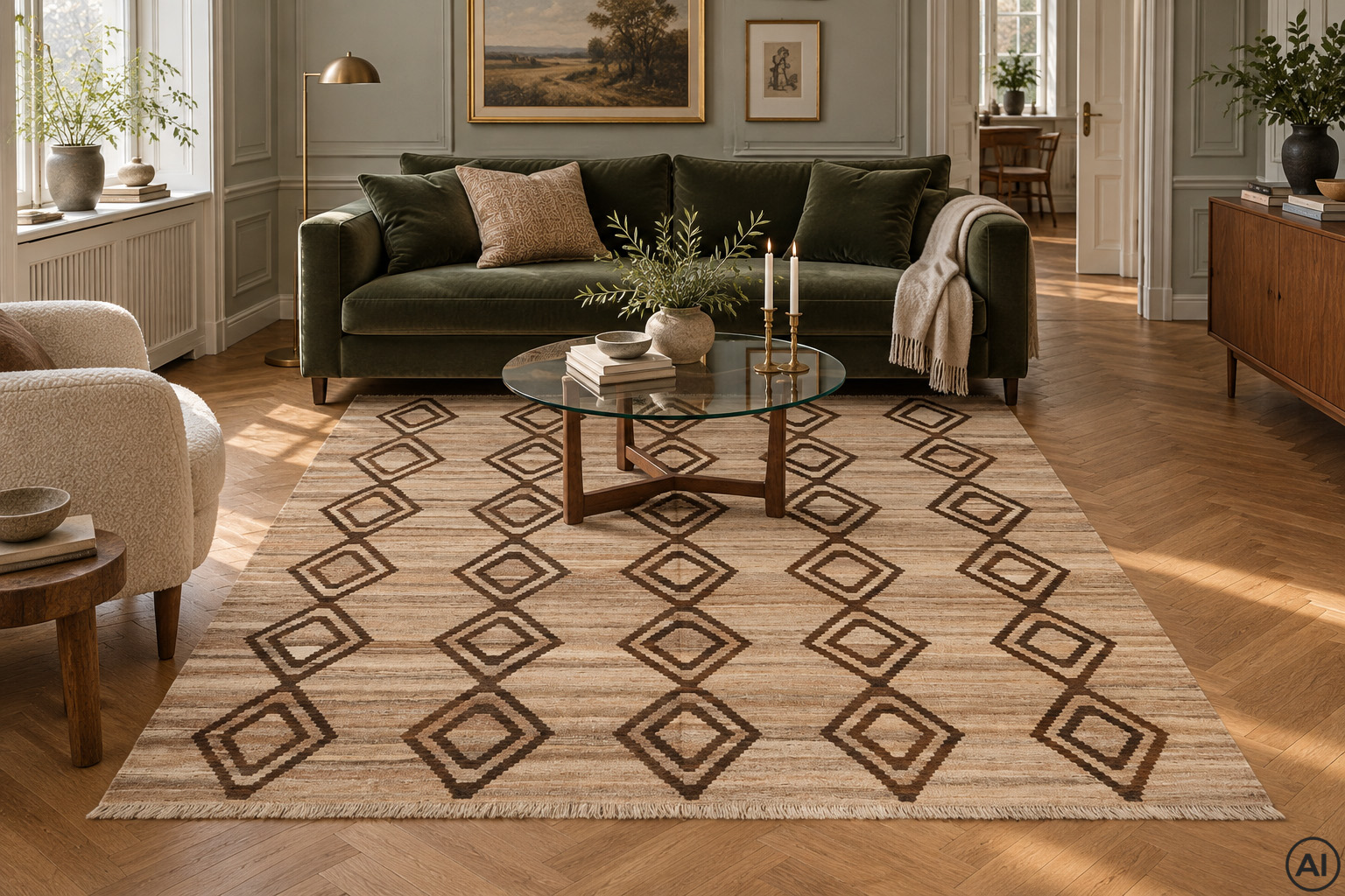 Handvävd Kelim 180x240 cm i beige och brunt med grafiskt rombmönster, placerad i ett elegant vardagsrum i sekelskiftesstil med grön sammetssoffa, fiskbensparkett och klassiska väggpaneler.