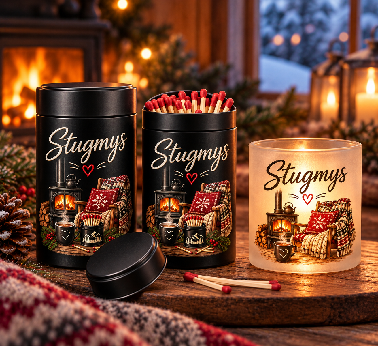 Paket: Stugmys Frostad ljuslykta & Tändsticksburk