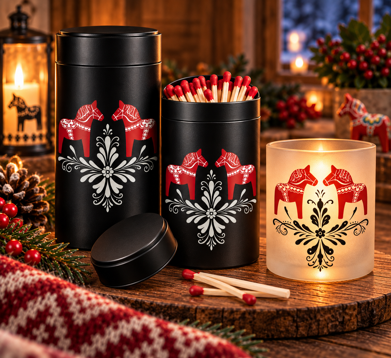 Presentpaket: Dalahästar&Kurbits Frostad ljuslykta & Tändsticksburk