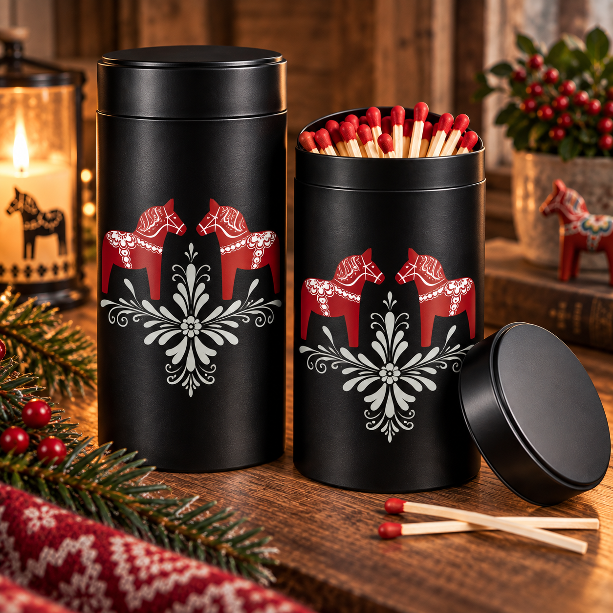 Presentpaket: Dalahästar&Kurbits Frostad ljuslykta & Tändsticksburk - 2
