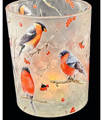 Ljuslykta i glas med domherrar / korsnäbb 12,7 cm stor