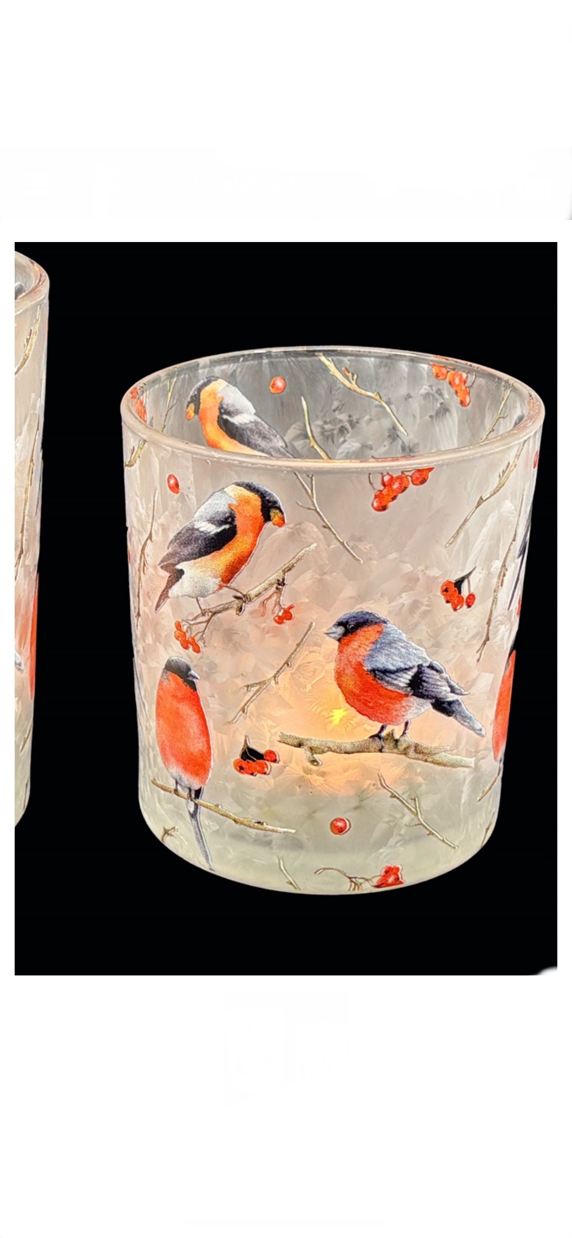 Ljuslykta i glas med domherrar / korsnäbb 8 cm liten