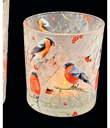 Ljuslykta i glas med domherrar / korsnäbb 8 cm liten