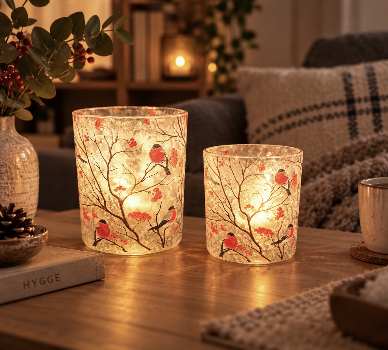 Ljuslykta i glas med domherrar 12,7 cm stor