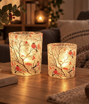 Ljuslykta i glas med domherrar 12,7 cm stor