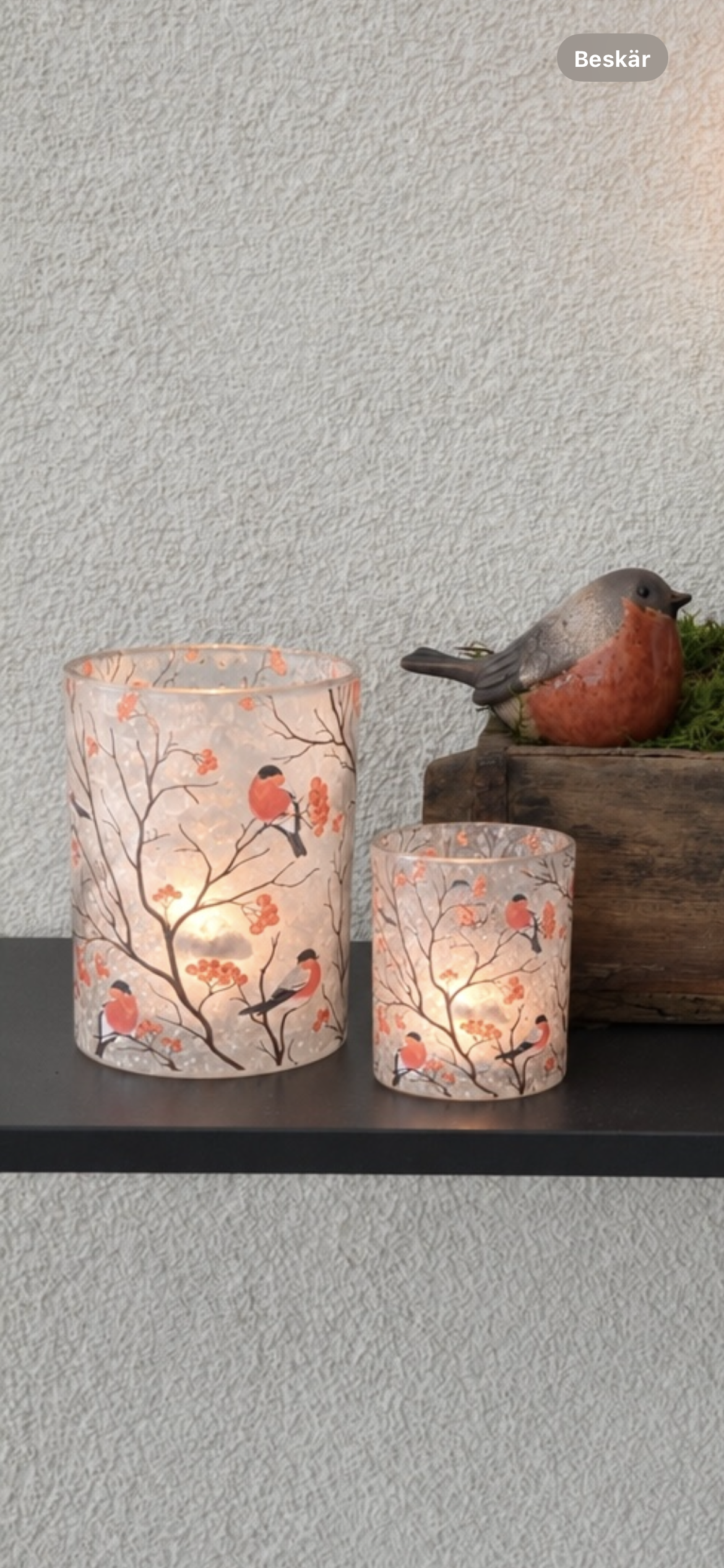 Ljuslykta i glas med domherrar 8 cm liten