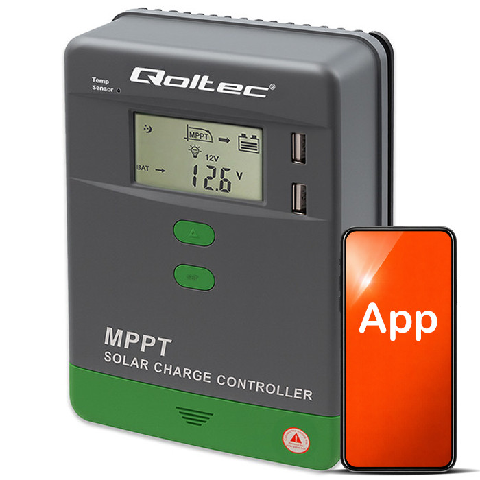 MPPT solcellsregulator 10A - 12/24V - Med Bluetooth - Qoltec