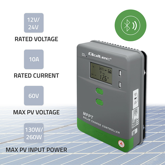 MPPT solcellsregulator 10A - 12/24V - Med Bluetooth - Qoltec