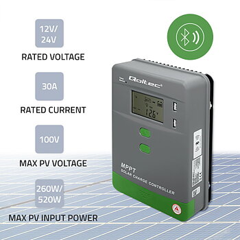 MPPT solcellsregulator 30A - 12/24V - Med Bluetooth - Qoltec