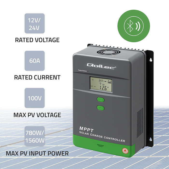 MPPT solcellsregulator 60A - 12/24V - Med Bluetooth - Qoltec