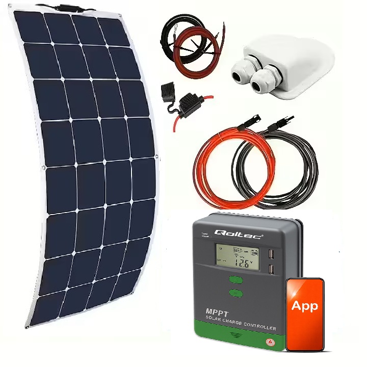 Solpanelspaket Solmax med 100W flexibel solpanel och 10A MPPT regulator, Bluetooth, 12/24V,  husbil - husvagn - båt