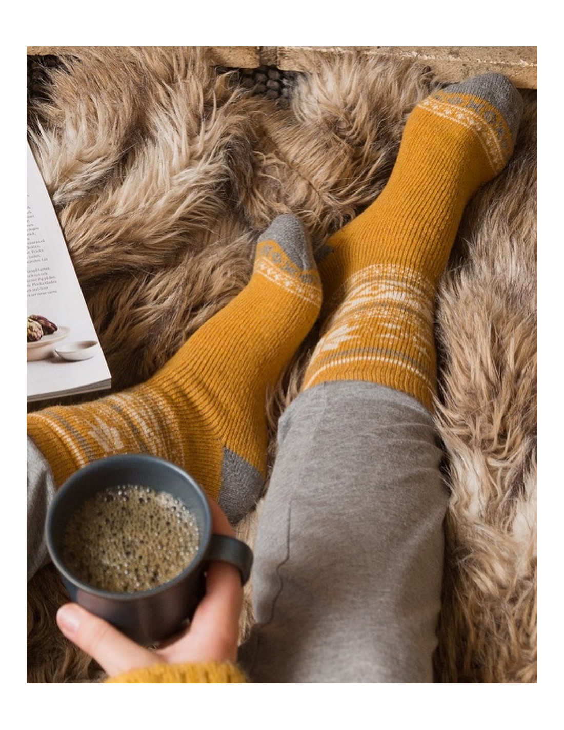 Mönstrad raggsocka i ullmix med stjärna-gul - 2