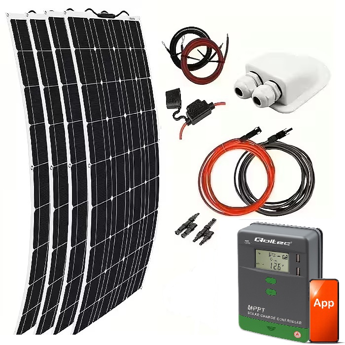 Solpanelspaket Solmax 400W med 4 st. 100W flexibel solpanel och 30A MPPT regulator, Bluetooth, 12/24V, husbil - husvagn - båt