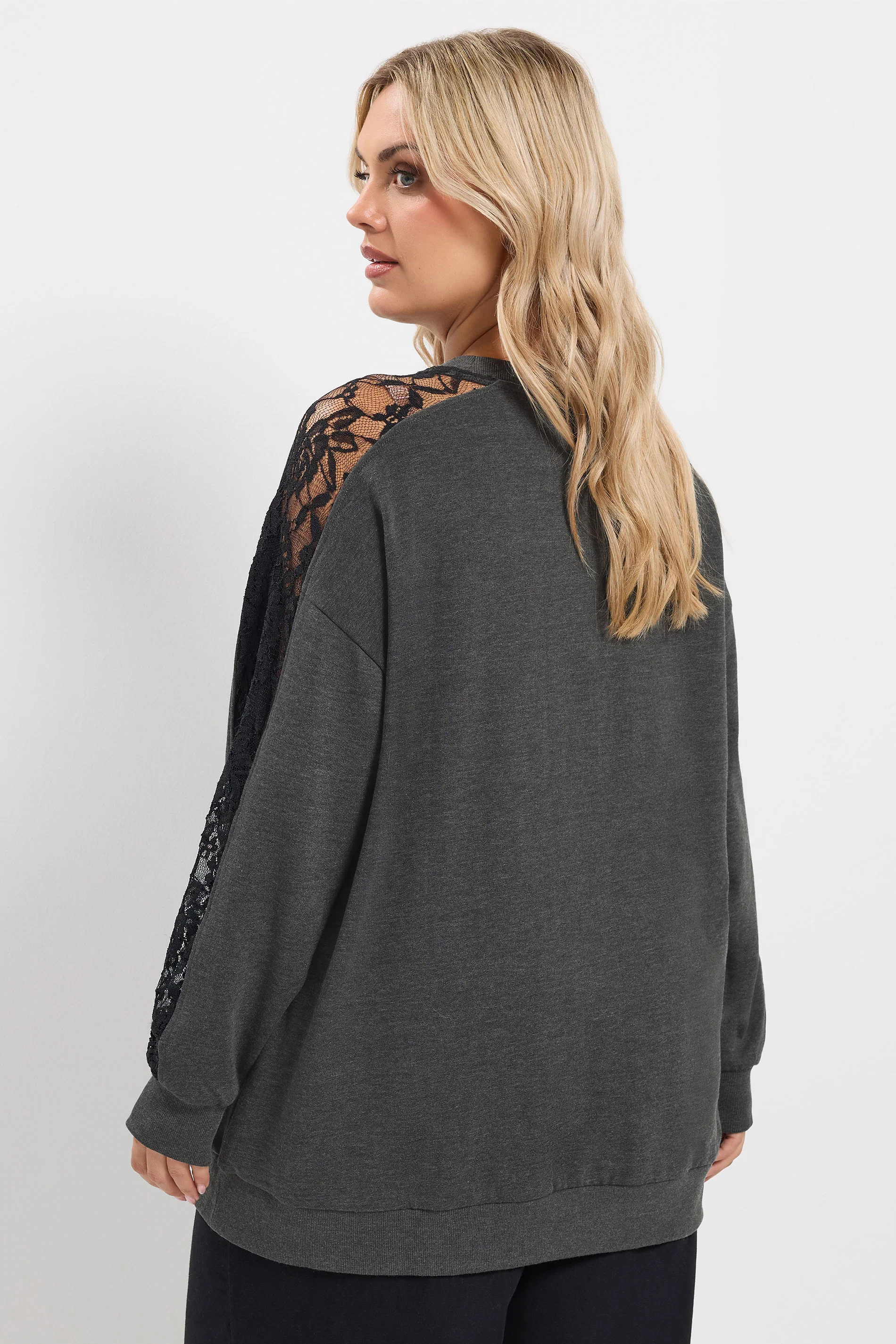 Sweatshirt med spetsdetaljer i ärmarna, grå - 3