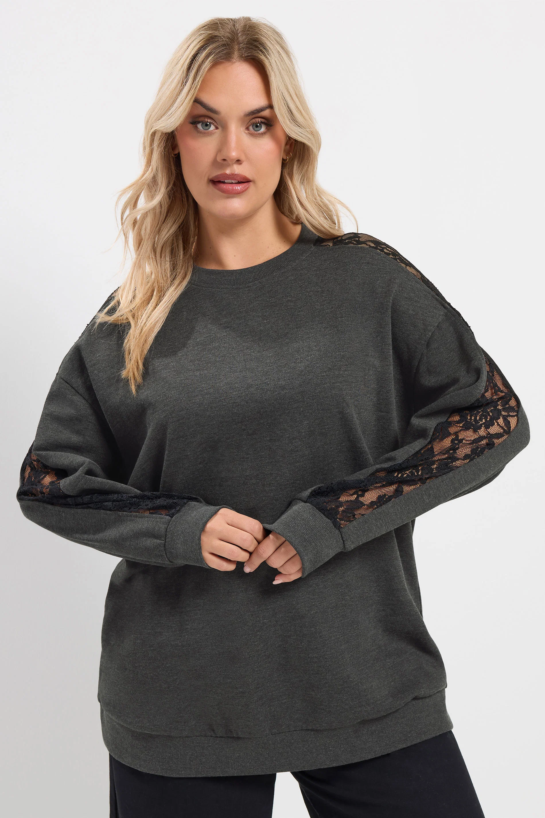 Sweatshirt med spetsdetaljer i ärmarna, grå - 2