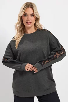 Sweatshirt med spetsdetaljer i ärmarna, grå