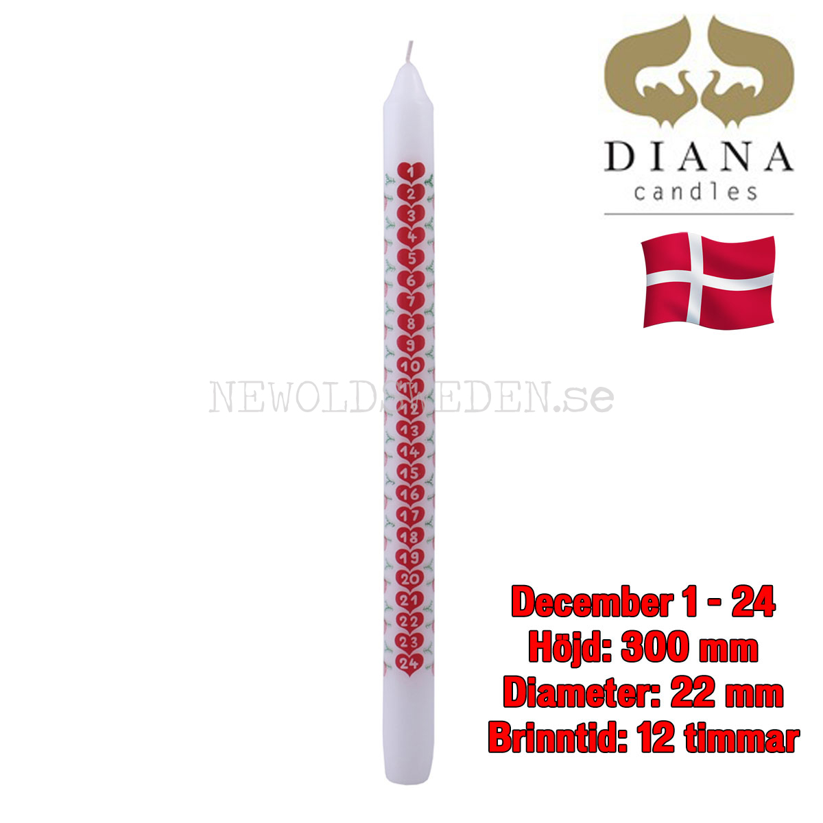 KALENDERLJUS 1-24 dagar - 30 cm - Brinntid 12 timmar - Danmark