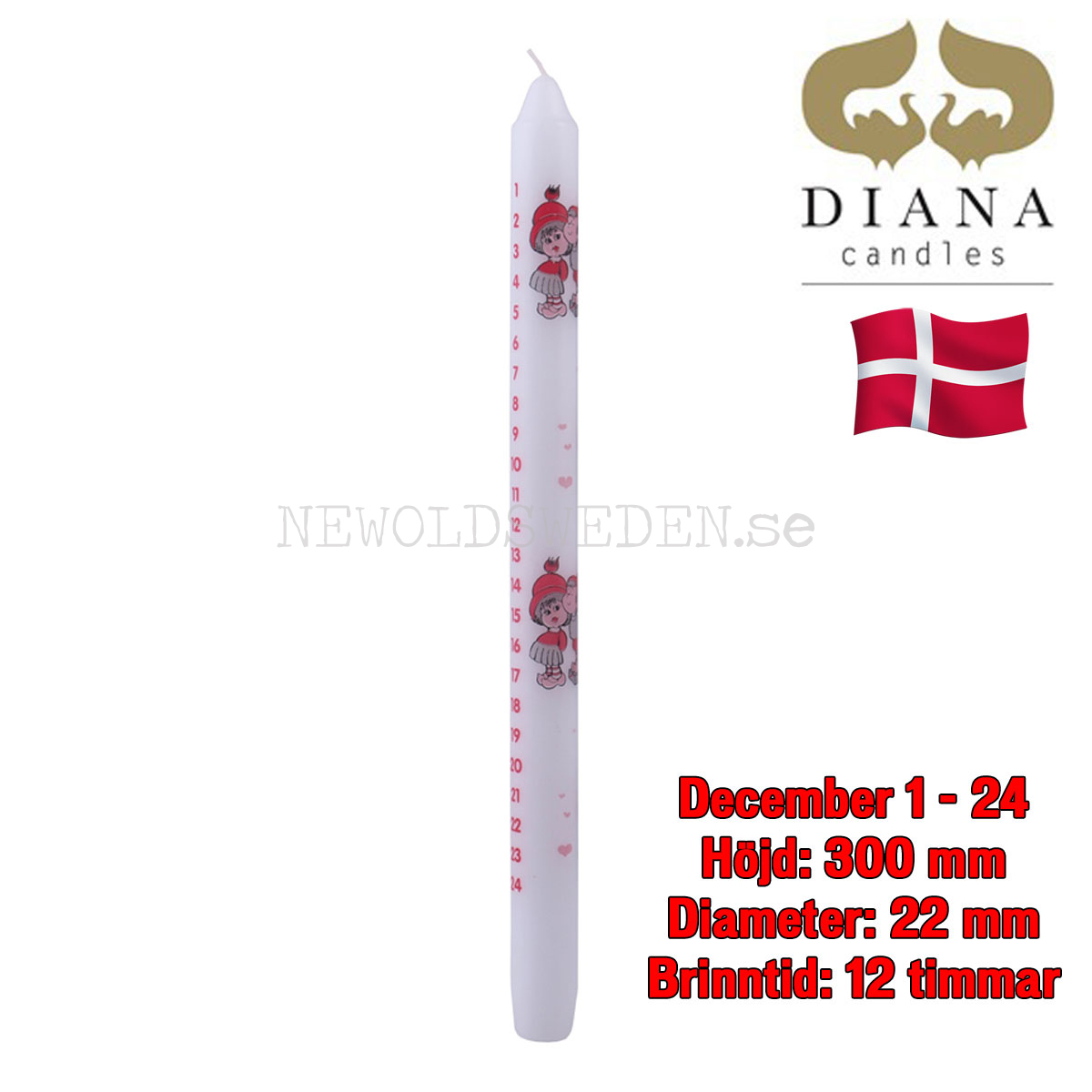 KALENDERLJUS 1-24 dagar - 30 cm - Brinntid 12 timmar - Danmark