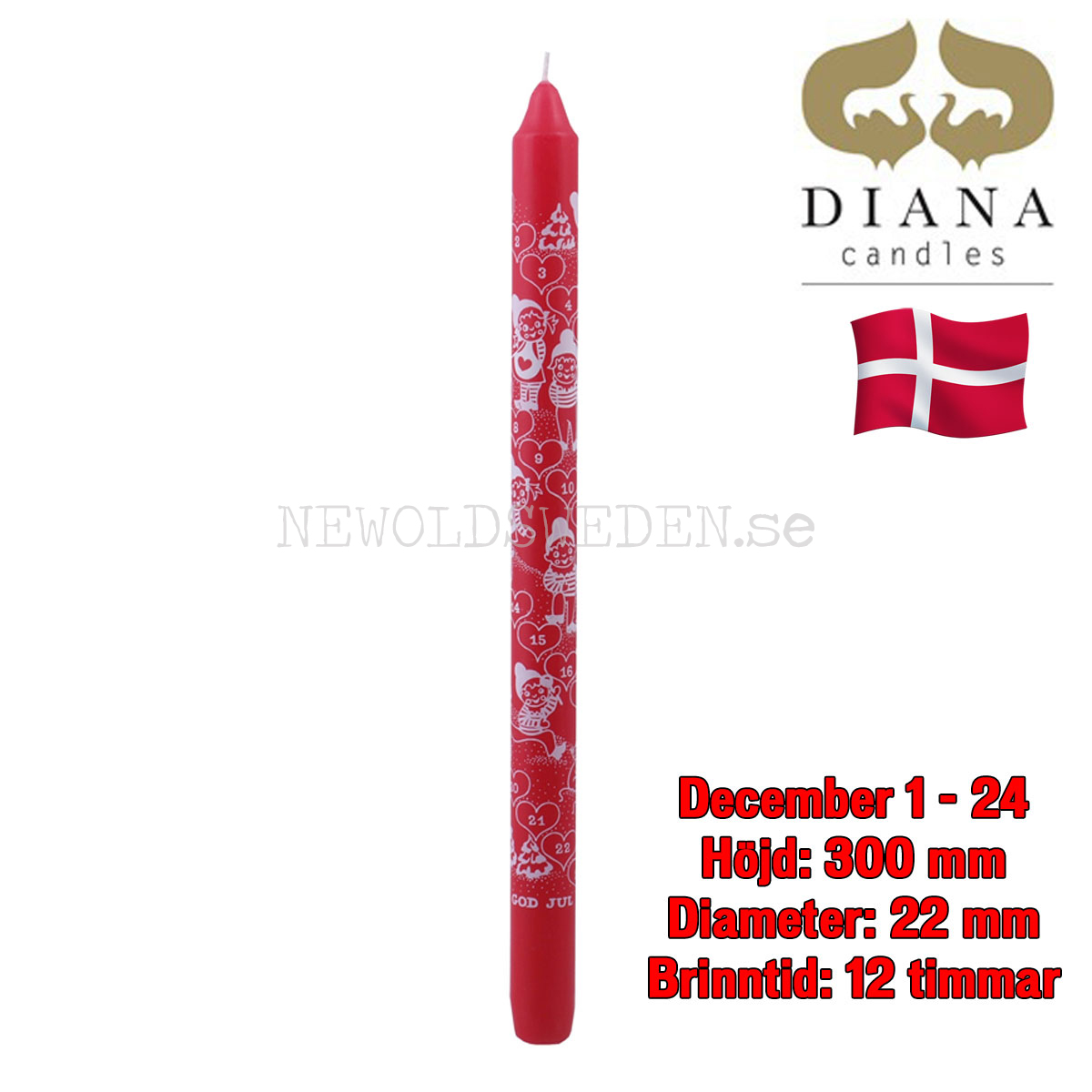 KALENDERLJUS 1-24 dagar - 30 cm - Brinntid 12 timmar - Danmark
