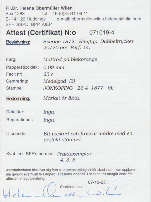 F 23c, 20 öre Ringtyp dubbeltryck prakt ⊙ - 2