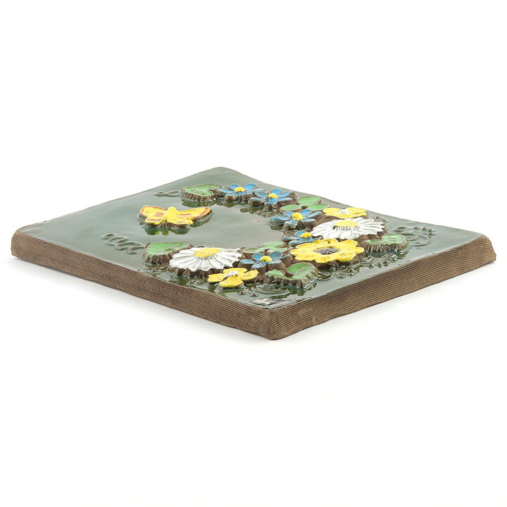 Aimo Nietosvuori (1970s) Green Wall Plaque with Colorful Butterfly/Flowers Motif 24 cm #852